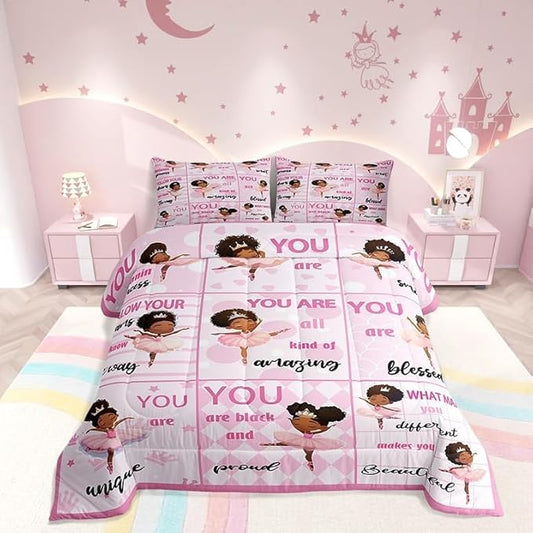 Castle Fairy Kawaii Girly Ballet Comforter Set Twin Size American Style Princess Bedding Set Bedroom Decor Motivational Quotes Quilt Set for Kids Girls Pink Artistic Dancer Duvet Insert,2 Pcs