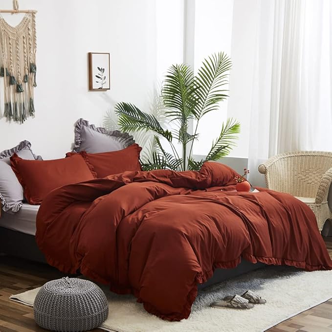CLOTHKNOW Terracotta Ruffles Full Size Comforter Set 3Pcs Rust Farmhouse Bedding Comforter Sets Burnt Orange Comforter Soft Shabby Chic Comforter Vintage Rustic Bedding Sets