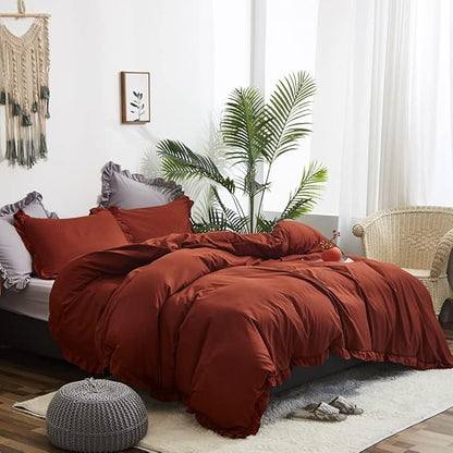 CLOTHKNOW Burnt Orange King Size Comforter Set Ruffle Bedding Comforter Sets Shabby Chic Vintage Rustic Comforter with 2 x Pillow Cases