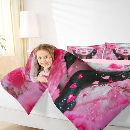 Erosebridal Anime Pink Bedding Kawaii Girl Kids Comforter Sets for Girls Romance Rose Modern Lady Bed Set, Romantic Japanese Girl Down Comforter with Love Hearts Duvet Set Full with 2 Pillowcases