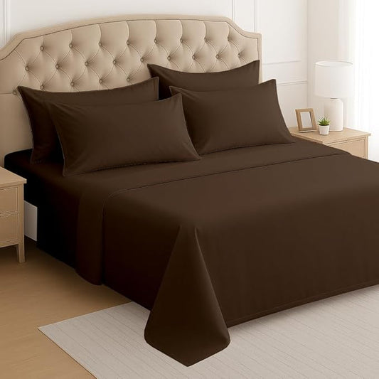 Mattress-Homes 6 Piece Cal-King Sheet Set, Hotel Luxury Collection, 100% Egyptian Cotton, 18 Inch Deep Pocket Fitted Sheet, Soft & Cool, Breathable Bedding with 4 Pillowcases in Chocolate Solid