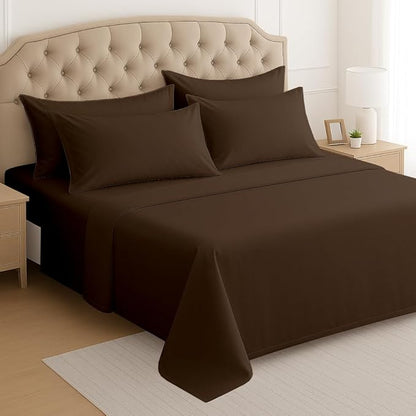 Mattress-Homes Extra Deep Pocket 6 Piece Cal-King Sheet Set, Hotel Luxury Collection, 100% Egyptian Cotton, 21" Deep Fitted Sheet, Soft Cool & Breathable Bedding with 4 Pillowcases in Chocolate Solid