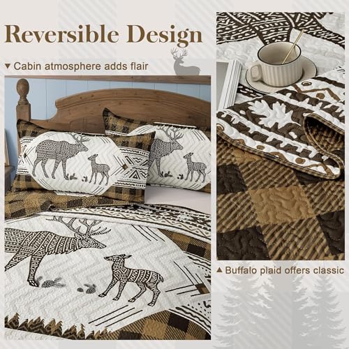 3 Piece Cabin King Size Quilt Sets Farmhouse Rustic Reversible Microfiber Soft Lightweight Bedspread Comforter with 2 Shams Patchwork Country Lodge Bedding Quilts Set for All Season, 106''x96'', Brown