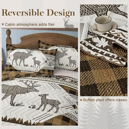 3 Piece Cabin King Size Quilt Sets Farmhouse Rustic Reversible Microfiber Soft Lightweight Bedspread Comforter with 2 Shams Patchwork Country Lodge Bedding Quilts Set for All Season, 106''x96'', Brown