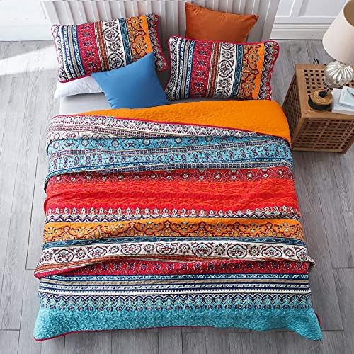 WONGS BEDDING Boho Quilt California King, Orange Blue Stripe Bedding Set