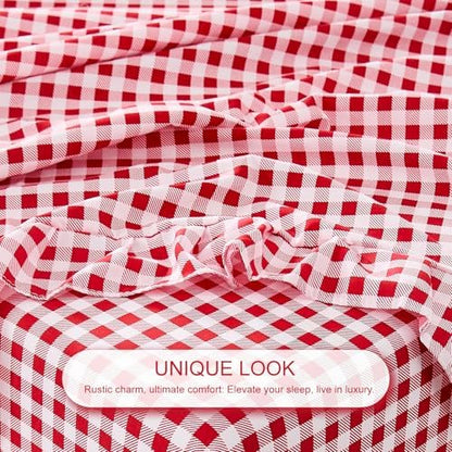 Gingham King Sheet Set, Lightweight Super Soft Brushed Microfiber Plaid Bed Sheets with 16" Deep Pocket, 4 Piece Ruffle Farmhouse Bedroom Decor, Red