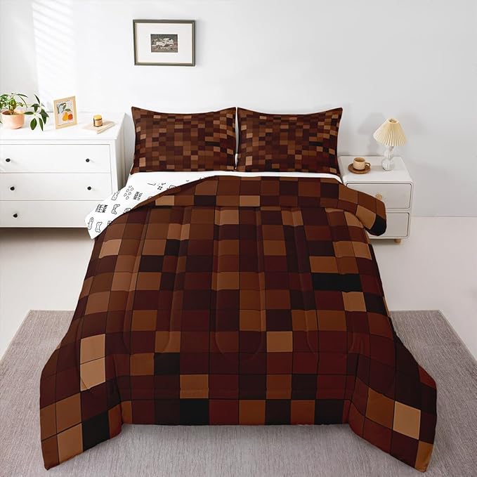 Miners Pixel Checked Kids Comforter Set Twin Size,Video Games Check Lattice Bedding Set Boys Girls Room Decor,Game Cartoon Gamepad Quilt Comforter,Dark Brown Duvet Set Bedroom Quilt Set,1 Pillowcase