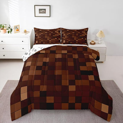 Miners Pixel Checked Kids Comforter Set Twin Size,Video Games Check Lattice Bedding Set Boys Girls Room Decor,Game Cartoon Gamepad Quilt Comforter,Dark Brown Duvet Set Bedroom Quilt Set,1 Pillowcase