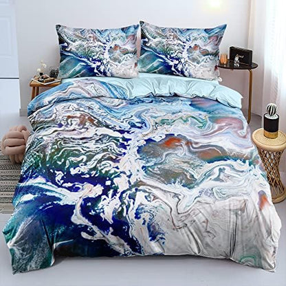 Abstract Art Duvet Cover Set Full Size Blue with Pink Creative Hand Painted Pattern Comforter Covers Fashion Marble Bed Set Abstract Deco