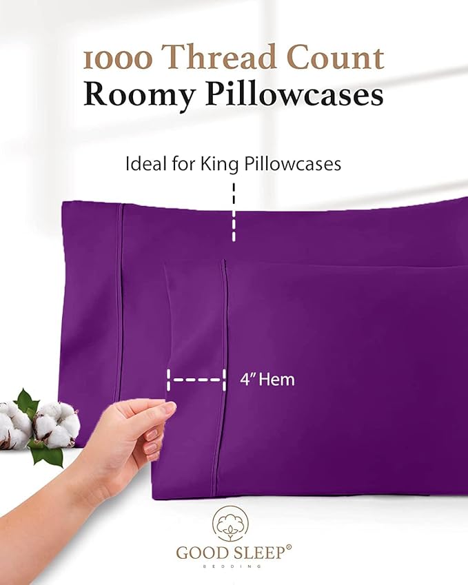 1000 TC Purple Standard Pillowcases Set of 4 100% Egyptian Cotton Pillow Cases with Long Staple Cotton & Sateen Weave, Silky Soft Hotel - Like Bed Pillow Covers for Comfy Sleeping, Snug Fit