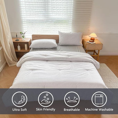 NSNLGSGC King Size Comforter Set, Light Gray Gingham Bedding Comforter Sets, GaryGrid Bed Comforter 3 Pieces (1 Comforter, 2 Pillowcases)