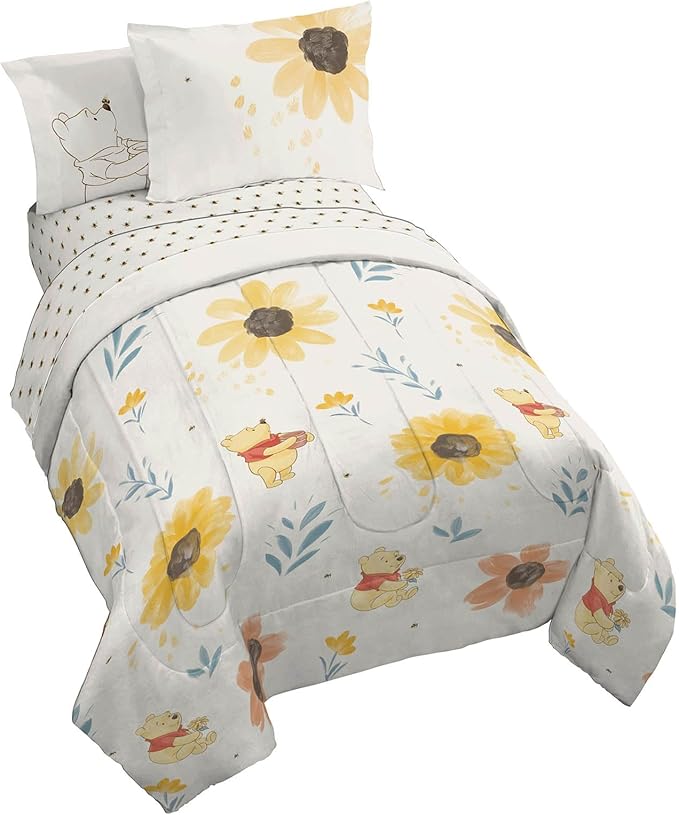 Jay Franco Disney Winnie The Pooh Twin Comforter Set - 5 Piece Bedding Includes Sheet Set & Pillow Covers - Super Soft Cozy Floral Bedding