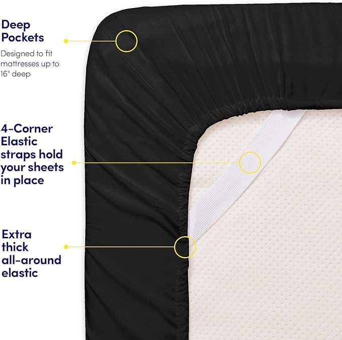 1500 Supreme Collection Twin Sheet Sets Black - 3 Piece Bed Sheets and Pillowcase Set for Twin Mattress - Extra Soft, Elastic Corner Straps, Deep Pocket Sheets, Twin Black
