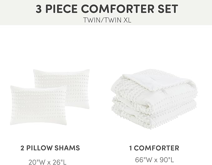 Comfort Spaces Cotton Comforter Set Jacquard Pom-Pom Tufts Design, Down Alternative, All Season Modern Bedding, Matching Shams, Twin/Twin XL, Phillips, Ivory