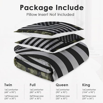 Twin Size Comforter Set with Pillowcase, Black Military Camouflage American Flag Soft 2 Pcs Bedding for Kids and Adults Bedroom Bed Decor