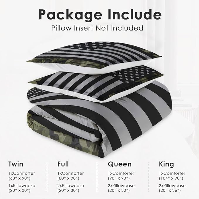 Queen Size Comforter Set with 2 Pillowcases, Black Military Camouflage American Flag Soft 3 Pcs Bedding for Kids and Adults Bedroom Bed Decor