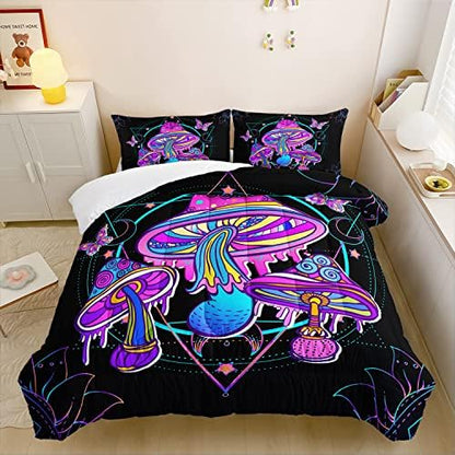 HOSIMA Mushroom Bedding Comforter Sets, Forest Fungi Plant Theme Cartoon Butterfly Mushroom Decor Toddler Comforter Set,Magic Hexagram Black Twin Comforter Set with 2 Pillowcases.