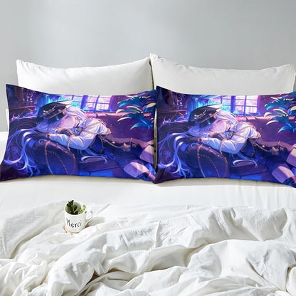 Erosebridal Anime Girl Fitted Sheet Twin Size Japanese Anime Bed Sheets for Kids Boys Teens Women Bedroom Decor, Cartoon Girl Bedding Set Japanese Animation Kawaii Sheets, Purple