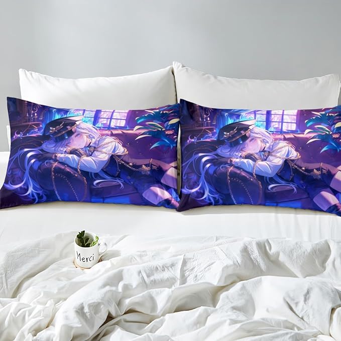 Erosebridal Japanese Anime Fitted Sheet,Cartoon Uniform Girls Bed Sheets for Boys Teen Bedroom Decoration Cute Japanese Cartoon Queen Size Bed Set,Anime Aesthetic Art Sheets with 2 Pillowcases
