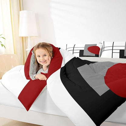 Erosebridal White Black Red Striped Bedding Set Full Size Boho Modern Geometric Abstract Comforter Set for Adult Women Men Stripes Lines Bed Sets Minimalist Square and Circle Duvet Quilt Sets