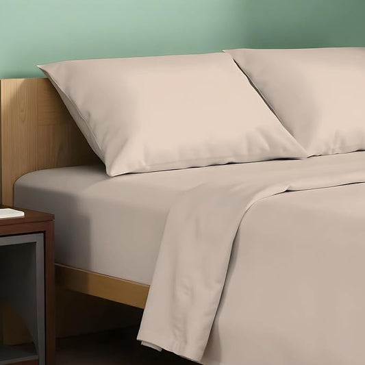 TEXAS LINEN CO. 100% Organic Cotton Sheets Full Size - 4 PC Organic Cotton Full Percale Weave Sheet Set, Soft, Cooling, Crisp & Breathable, 16" Deep Pocket Hotel Quality Bedding Set - Taupe