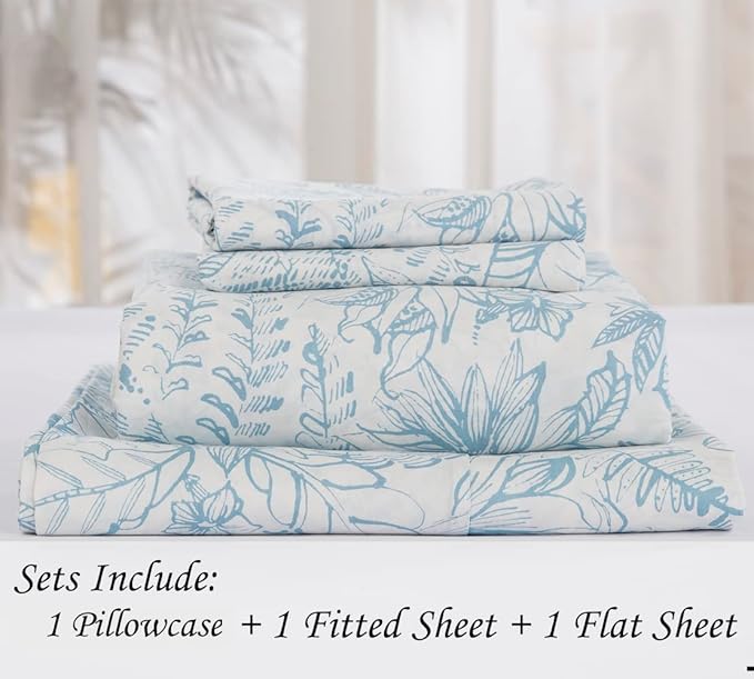 DAUAOTO Twin XL Cotton Sheets Set Printed Bedding Sets, Up to 14" Deep Mattress, Pattern Bedlinen for Twin Extra Long Bed Blue Floral
