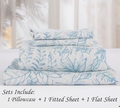DAUAOTO Twin XL Cotton Sheets Set Printed Bedding Sets, Up to 14" Deep Mattress, Pattern Bedlinen for Twin Extra Long Bed Blue Floral