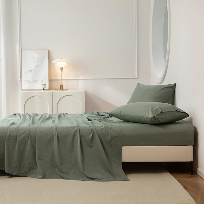JIYUAN Full Size Sheet Set, 4-Piece - 100% Washed Cotton, Linen-Like Soft & Breathable, Includes Deep Pocket Fitted & Flat Sheet with 2 Pillowcases, Hotel Quality, Heathered Green