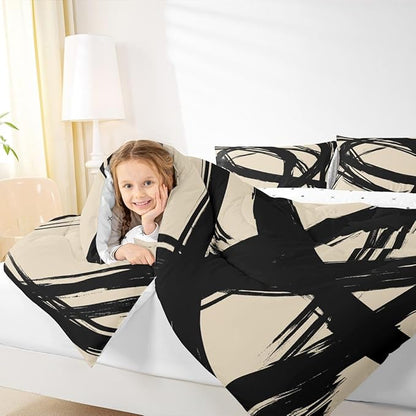 Erosebridal Black and Beige Striped King Bedding Set for Kids Teens Adults, Geometric Striped Comforter Set for Minimalists,Graffiti Aesthetic Lines Duvet Insert,Contemporary Boho Modern Art Quilt