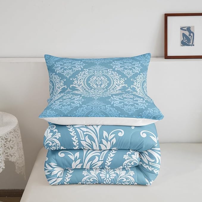Feelyou Adults Blue Vintage Damask Floral Comforter Set Oriental Antique Comforter Full Size Gothic Bohemia Boho Floral Bedding Set Bohemian Exotic Duvet Set Quilt Set 3Pcs