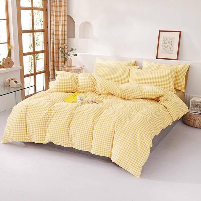 ETDIFFE Full Size Yellow Comforter Set, 3 Piece Farmhouse Gingham Grid Bed Set - Lightweight Buffalo Checkered Plaid Microfiber Down Alternative Comforter, 80x90