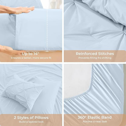 Sasttie Twin XL Comforter Set, 5-Piece Bed in a Bag, Pintuck Bedding Sets for All Season, Includes Comforter, Flat Sheet, Fitted Sheet, Pillowcase and Pillowsham, Light Blue