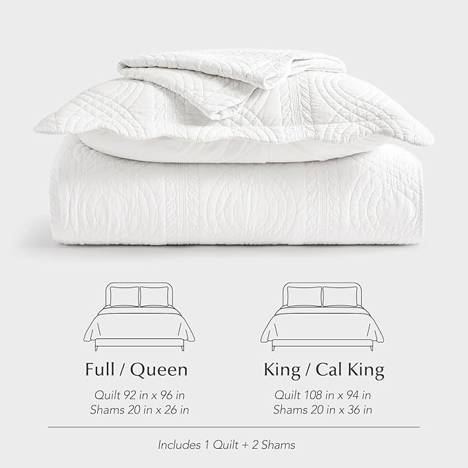 EVERGRACE 100% Cotton Scallop Quilt Set, King Size 3 Piece Set – Lightweight Bedspread with 2 Shams, Soft Prewashed Coastal Bedding Coverlet for Cozy and Elegant Bedding, Bright White
