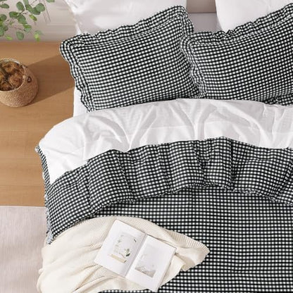 Andency Black White Gingham Ruffle Comforter Full, 3 Pieces Vintage Bedding