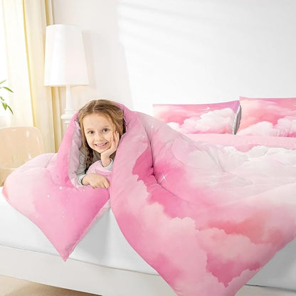 Moon and Stars Comforter Set Full,Pink White Tie Dye Bedding Set for Girls Women Room Decor Reversible Aesthetic Marble Down Alternative,Galaxy Space Quilted Duvet Insert Cute Warm All Season