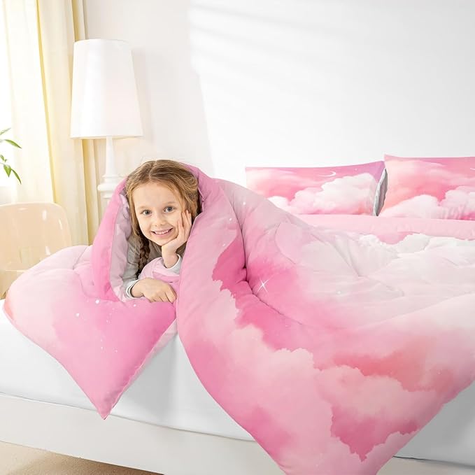 Moon and Stars Comforter Set King,Pink White Tie Dye Bedding Set for Girls Women Room Decor Reversible Aesthetic Marble Down Alternative,Galaxy Space Quilted Duvet Insert Cute Warm All Season