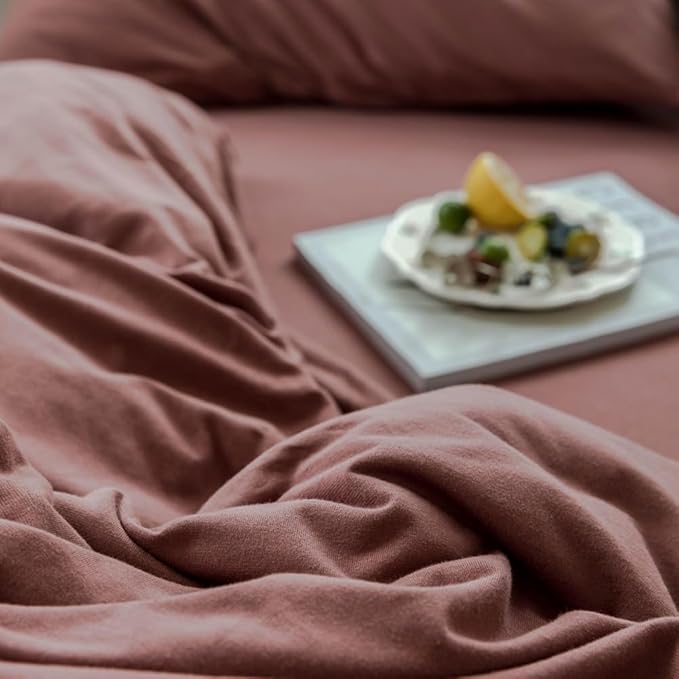 LifeTB Brick Red Duvet Cover Twin XL Size Soft Jersey Knit Cotton Bedding Set Minimalist Clay Rust Red Comforter Cover 3 Pieces Solid Color Bedding Knitted Cotton Duvet Cover with 2 Pillowcases