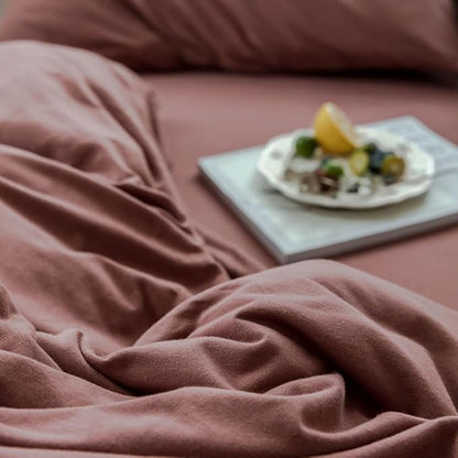 LifeTB Brick Red Duvet Cover Queen Size Soft Jersey Knit Cotton Bedding Set Minimalist Clay Rust Red Comforter Cover 3 Pieces Solid Color Bedding Knitted Cotton Duvet Cover with 2 Pillowcases
