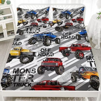 AILONEN Kids Boys Monster Truck Bedding Twin XL Size,Cartoon Truck Fitted Sheet Set Decor,Car Colorful Soft Vehicle Truck Kids Fitted Sheet with 2 Pillowcases,3 Pieces
