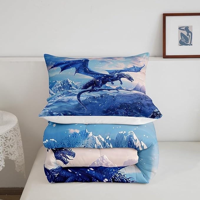 Castle Fairy Blue Dragon King Size Comforter Set,Kids Snow Mountain Decor All Season Bedding Set,Teens Flying Dragon Comforter,Winter Snow Scenery Decor Quilt Set Bedroom Collection 3Pcs