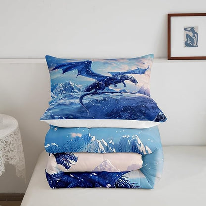 Castle Fairy Flying Dragon Full Size Comforter Set,Snow Mountain Bedding Set for Adults Teens,Children Blue Dragon Comforter Luxury Winter Snow Scenery Quilt Set Room Decor 3Pcs