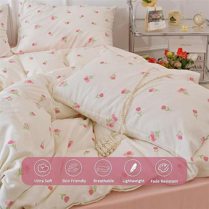 Floral Comforter Set Full Size - 3 Pieces Pink White Floral Comforter Bedding Sets Tulips Pattern,Full Bed in a Bag with Heart Comforter and 2 Pillowcases