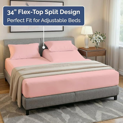 Flex Top Split Head King 4 Piece Sheet Set - Comfy Breathable & Cooling Bed Sheets Set - Hotel Luxury Bedding for Women, Men, Kids, Teens, Boys & Girls - Deep Pockets, Soft and Oeko-Tex - Baby Pink