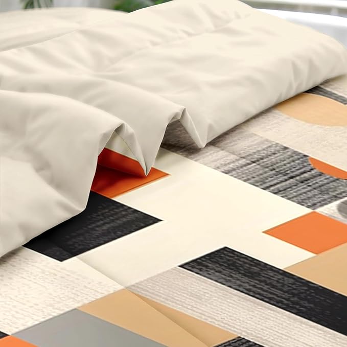 Comforter Set King Size, Geometric Painting Contemporary 7 Pcs Bedding for Kids and Adults, Gray Orange Bed Sheet Sets with Fitted Sheet 2 Pillowcase & 2 Sham for Bedroom Bed Decor