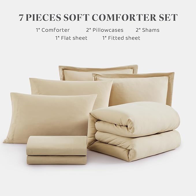 WRENSONGE Full Size Comforter Set- 7 Pieces Soft Beige Bed in a Bag Full with Fitted Sheet, Flat Sheet, 2 Pillow Shams, 2 Pillowcases, Warm Bedding Sets for All Season