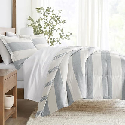 LINENS & HUTCH Comforter Set Patterned Microfiber All Season Down-Alternative Ultra Soft Bedding in Distressed Stripe - Full/Queen Distressed Stripe Light Blue