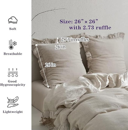 Simple&Opulence 100% Linen Euro Sham Covers with Ruffle, 26x26 Inch Pillow Covers Set of 2, Euro Pillow Shams for Bed Couch French Home Decor Luxury and Breathable Square Pillow Cases, Natural Linen