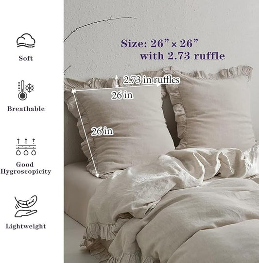 Simple&Opulence 100% Linen Euro Sham Covers with Ruffle, 26x26 Inch Pillow Covers Set of 2, Euro Pillow Shams for Bed Couch French Home Decor Luxury and Breathable Square Pillow Cases, Natural Linen