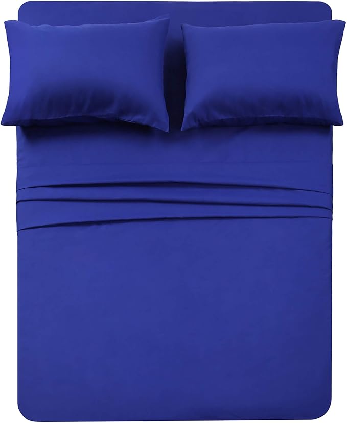 4 Piece Bed Sheet Set (Queen,Royal Blue) 1 Flat Sheet,1 Fitted Sheet and 2 Pillow Cases,Brushed Microfiber Luxury Bedding with Deep Pockets