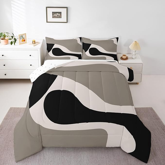 Erosebridal Black Beige Striped Comforter Set Toddler Size,Boho Modern Geometric Abstract Bedding for Women Men Adults, Stripes Bold Lines Quilt,Minimalist Stylish Art Bedding Comforter Sets
